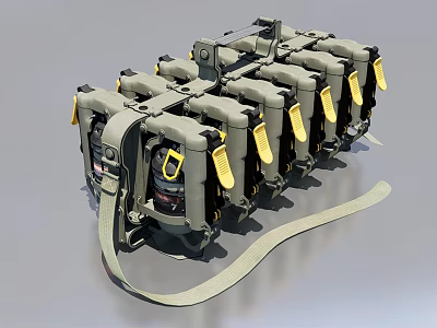 Multiple Weapon Units Arranged in Array Tied with Straps Gray Body and Yellow Components 3d model
