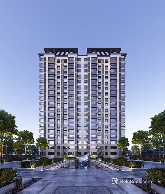 Modern High Rise Residential Building With Regular Window Layout And Surrounding Trees 3d model