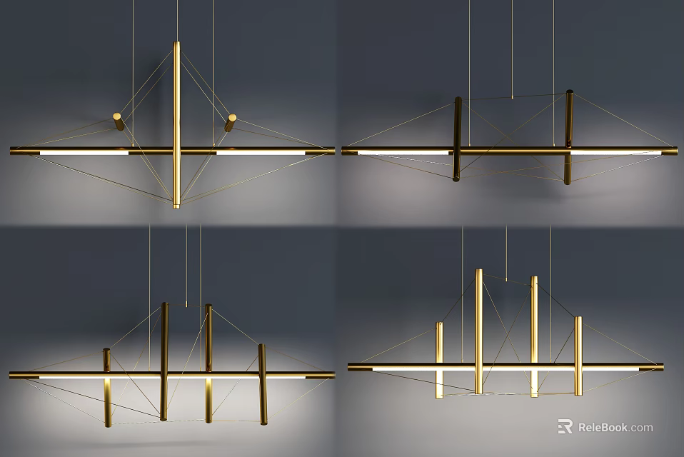 Contemporary Metal Geometric Chandelier Design with Linear Structure And Brass Finish 3d model 