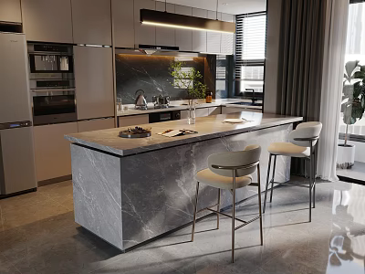 Modern Open Kitchen Island Bar Counter With Marble Top And White Chairs 3d model