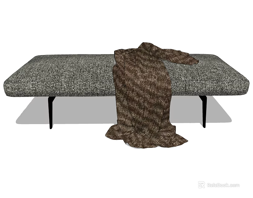 Modern Gray Sofa Bench With Textured Fabric Black Metal Legs And Brown Blanket Draped 3d model 