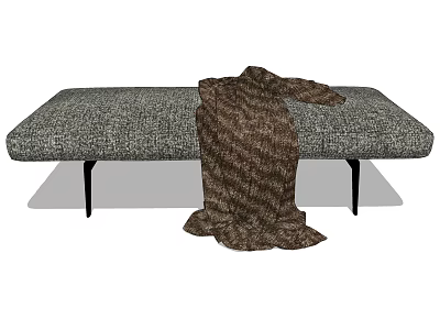 Modern Gray Sofa Bench With Textured Fabric Black Metal Legs And Brown Blanket Draped 3d model