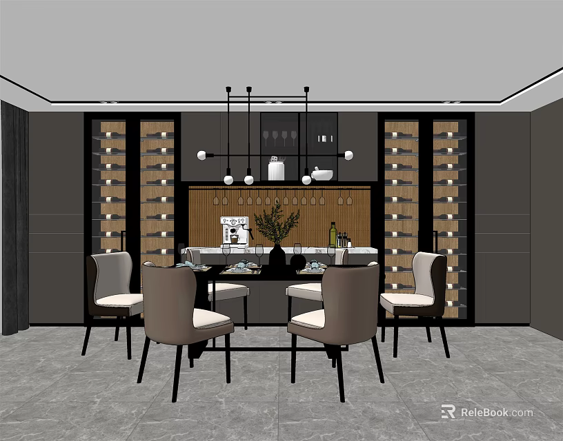 Modern Dining Table Set with Chairs Wine Racks and Hanging Chandelier 3d model