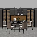 Modern Dining Table Set with Chairs Wine Racks and Hanging Chandelier 3d model