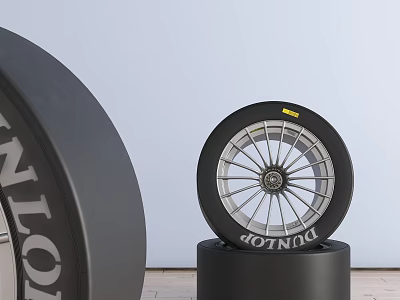 Car Tire With Black Sidewall White Letters And Silver Rim Displayed On Black Stand 3d model