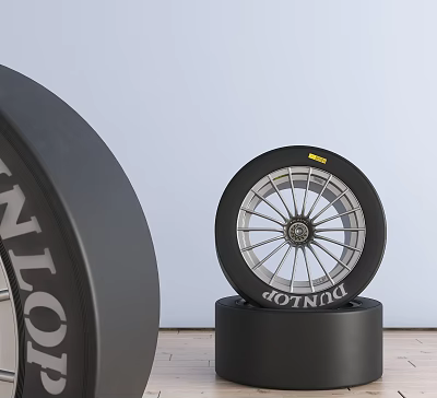 Car Tire With Black Sidewall White Letters And Silver Rim Displayed On Black Stand 3d model
