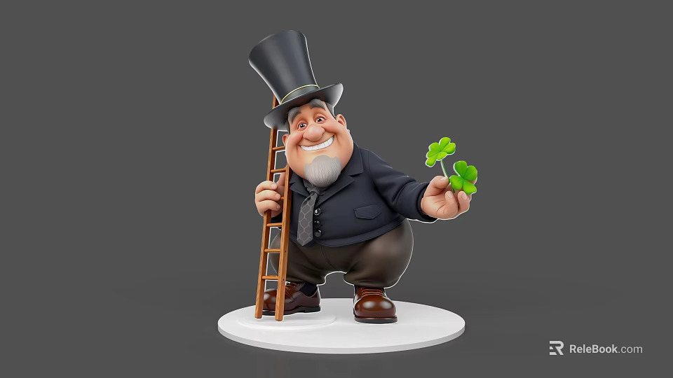 Smiling Game Movie Character In Suit Wearing Top Hat Holding Ladder And Clover 3d model 