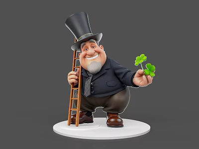 Smiling Game Movie Character In Suit Wearing Top Hat Holding Ladder And Clover 3d model