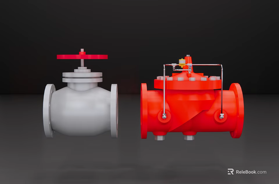 Industrial Grey And Red Valves With Red Handwheel And Piping Connections 3d model 