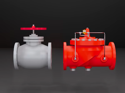 Industrial Grey And Red Valves With Red Handwheel And Piping Connections 3d model