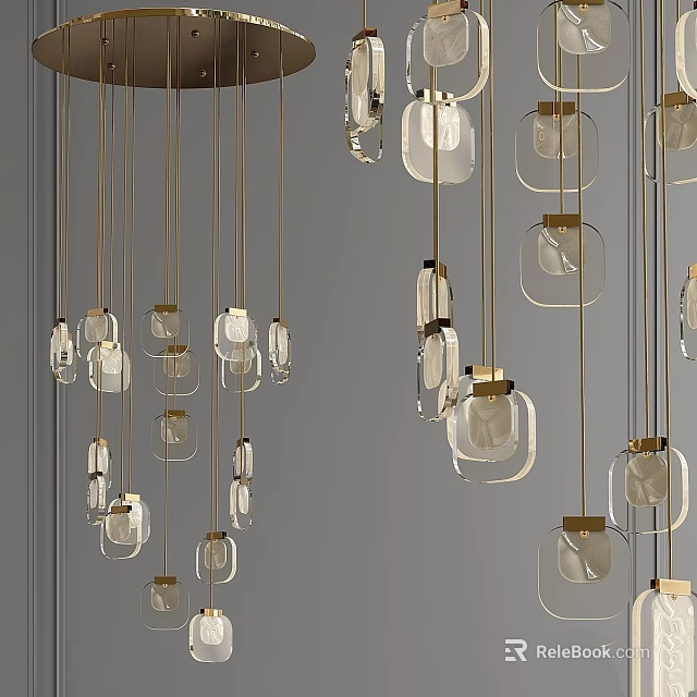 Modern Glass Chandeliers With Gold Metal Frames And Transparent Shades For Interior Space Decor 3d model 