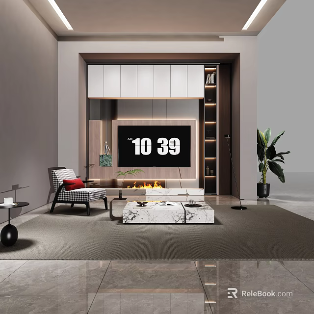 Modern Minimalist Living Room With Built In TV Wall Electric Fireplace And Marble Coffee Table 3d model 