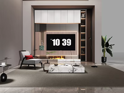 Modern Minimalist Living Room With Built In TV Wall Electric Fireplace And Marble Coffee Table 3d model