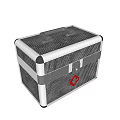 White Perforated First Aid Box With Black Straps Locking Clasp And Red Cross Symbol