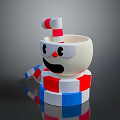 Cartoon Cup Character With Big Eyes Red Nose Striped Straw On Red Blue White Base