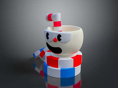 Cartoon Cup Character With Big Eyes Red Nose Striped Straw On Red Blue White Base 3d model