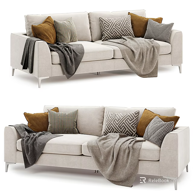 Elegant Modern Light Beige Fabric Two Seater Sofa With Brown Grey Pillows And Throw Blanket 3d model 