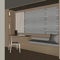 Modern Wooden Window Seat Cabinet With Desk Chair Bookshelf And White Blinds