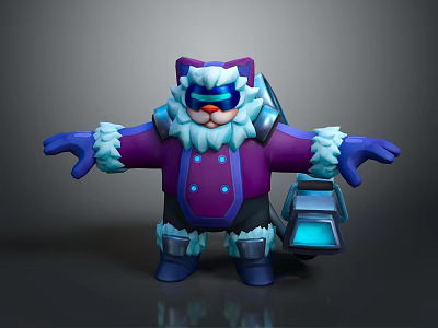 Game Movie Character With Purple Coat White Fur Wearing Goggles Blue Details Carrying Blue Box 3d model