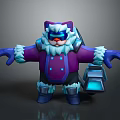 Game Movie Character With Purple Coat White Fur Wearing Goggles Blue Details Carrying Blue Box