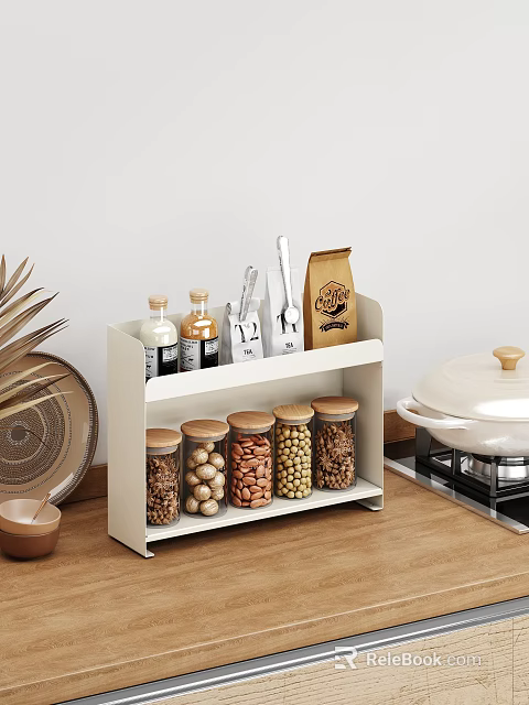 Organized Kitchen Utensil Set With Storage Shelf Glass Jars Spices Nuts And Pot 3d model 