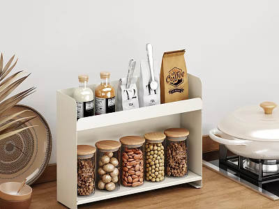 Organized Kitchen Utensil Set With Storage Shelf Glass Jars Spices Nuts And Pot 3d model
