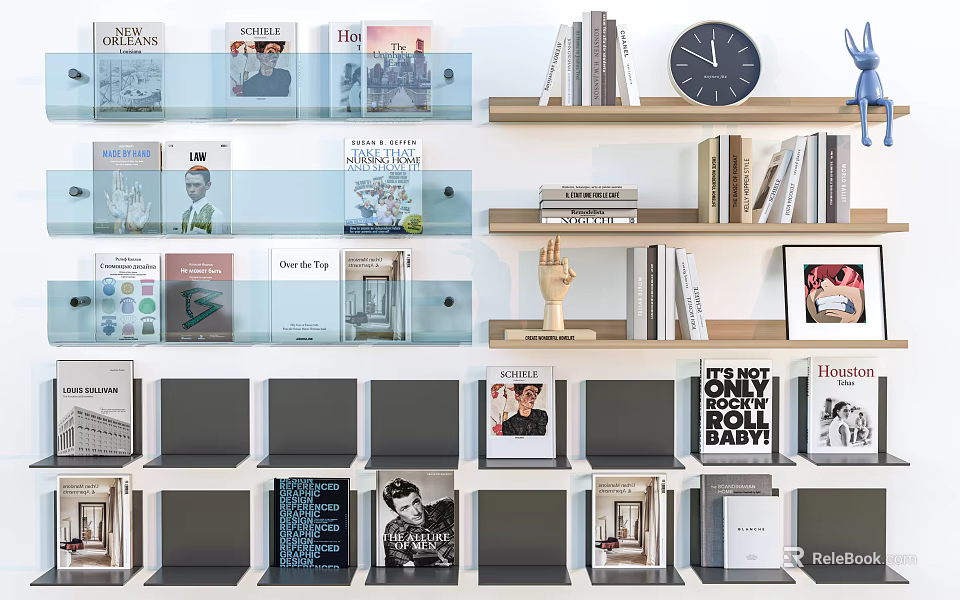 Wall Cabinets and Shelf Units for Modern Home Storage with Books Decorative Items and Clock 3d model 