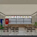 Modern Mall Shop Interior With Menu Boards Tables Kitchen Area Drink Machine And Green Plant