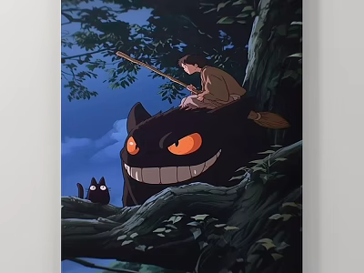 Animal Painting With Boy On Black Cat Orange Eyes Small Black Cats Night Tree Sky 3d model