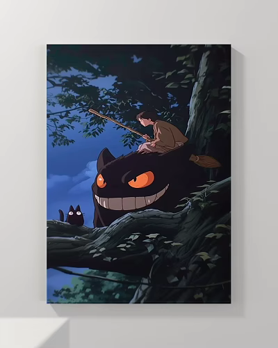 Animal Painting With Boy On Black Cat Orange Eyes Small Black Cats Night Tree Sky 3d model