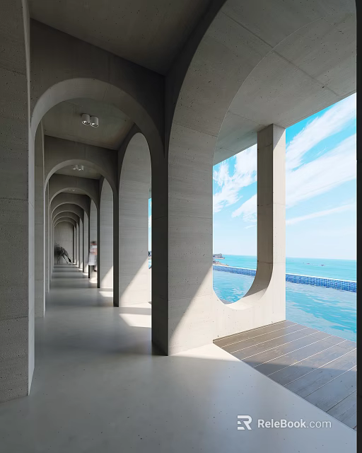 Elevator Corridor With Concrete Arched Design Sea View Blue Sky And Sunlight 3d model 