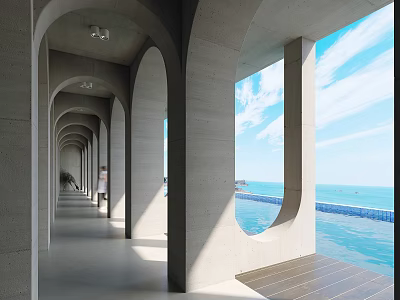 Elevator Corridor With Concrete Arched Design Sea View Blue Sky And Sunlight 3d model