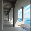 Elevator Corridor With Concrete Arched Design Sea View Blue Sky And Sunlight 3d model
