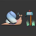 3D Illustration Of Cute Pink Snail With Blue Shell Near Blue Mailbox On Green Grass
