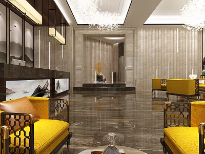Elegant Hotel Lobby Interior Design With Yellow Sofas Decorative Chandeliers And Marble Floor 3d model