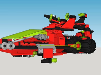 Red And Green Lego Mechanical Model With Wheels And Cannon Like Parts 3d model