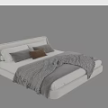 Contemporary Double Bed With Upholstered Headboard Beige Frame Multiple Pillows And Textured Blanket