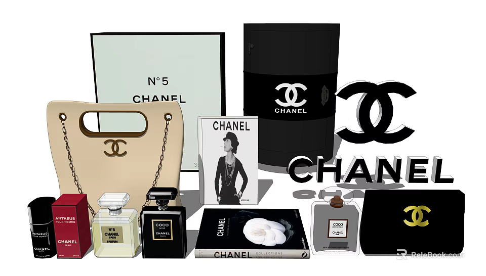 Chanel Bag And Box Collection With CC Logo Perfume Bottles And Coco Chanel Poster 3d model 