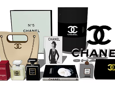 Chanel Bag And Box Collection With CC Logo Perfume Bottles And Coco Chanel Poster 3d model