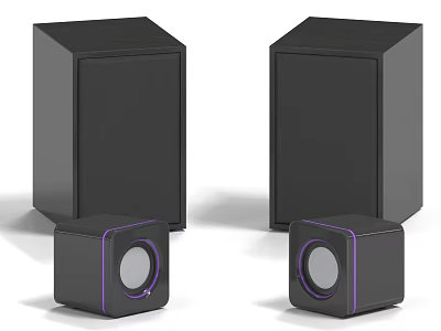 Modern Black Square Audio Speakers With Purple Accents And Circular Drivers 3d model