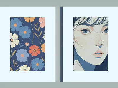 Abstract Painting Featuring Floral Design And Female Portrait With Deep Blue Background 3d model