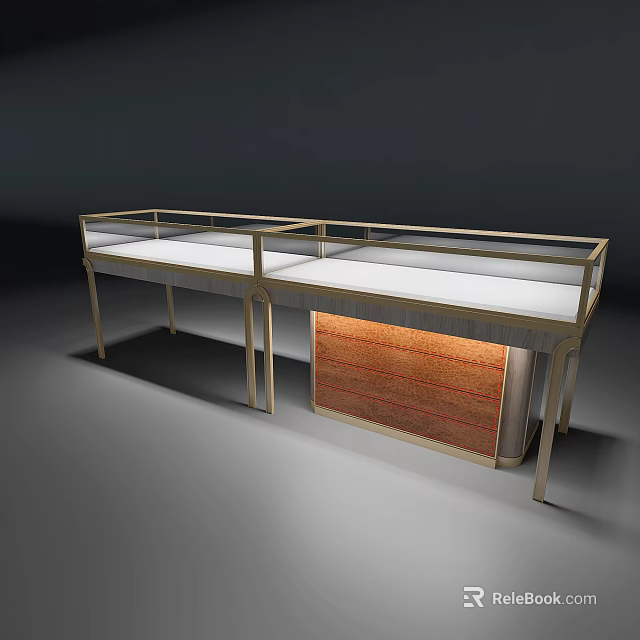 Elegant Retail Store with Double Glass Display Counter White Top Golden Frame and Textured Panel 3d model 