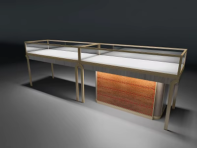 Elegant Retail Store with Double Glass Display Counter White Top Golden Frame and Textured Panel 3d model