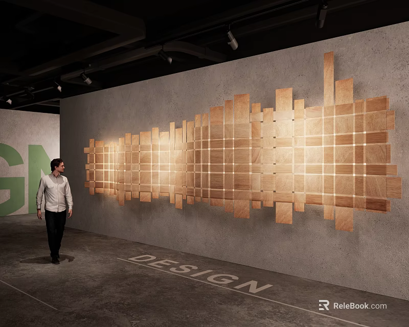 Exhibition Hall Cultural Wall With Wooden Geometric Panels In Modern Design Space 3d model 