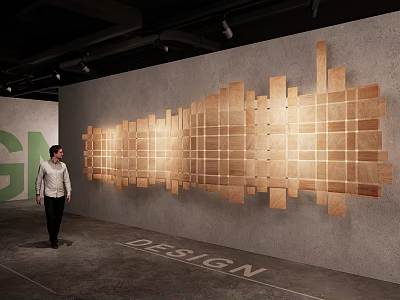 Exhibition Hall Cultural Wall With Wooden Geometric Panels In Modern Design Space 3d model