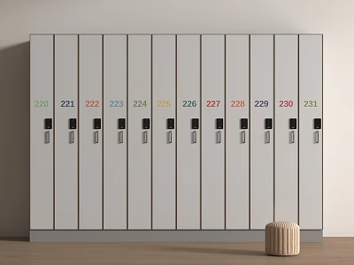 Row of White Numbered Wardrobes With Colorful Numbers Black Handles and Wooden Stool 3d model