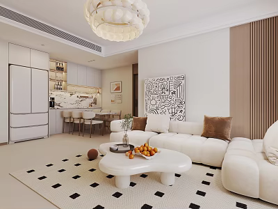 Modern Dining and Living Room Interior With White Sofa Brown Cushions Open Kitchen Checkered Rug 3d model