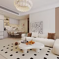 Modern Dining and Living Room Interior With White Sofa Brown Cushions Open Kitchen Checkered Rug