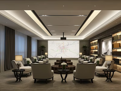 Elegant Meeting Room Interior With Projection Screen Sofas Coffee Tables And Bookshelves 3d model