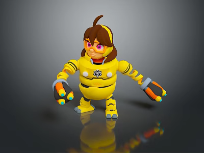 Vibrant Game Movie Robot Character With Brown Hair Pink Eyes And Yellow Armor 3d model